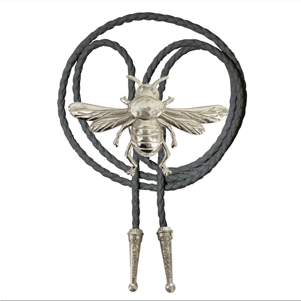 Silver Bumblebee Bolo Tie with Grey Cord